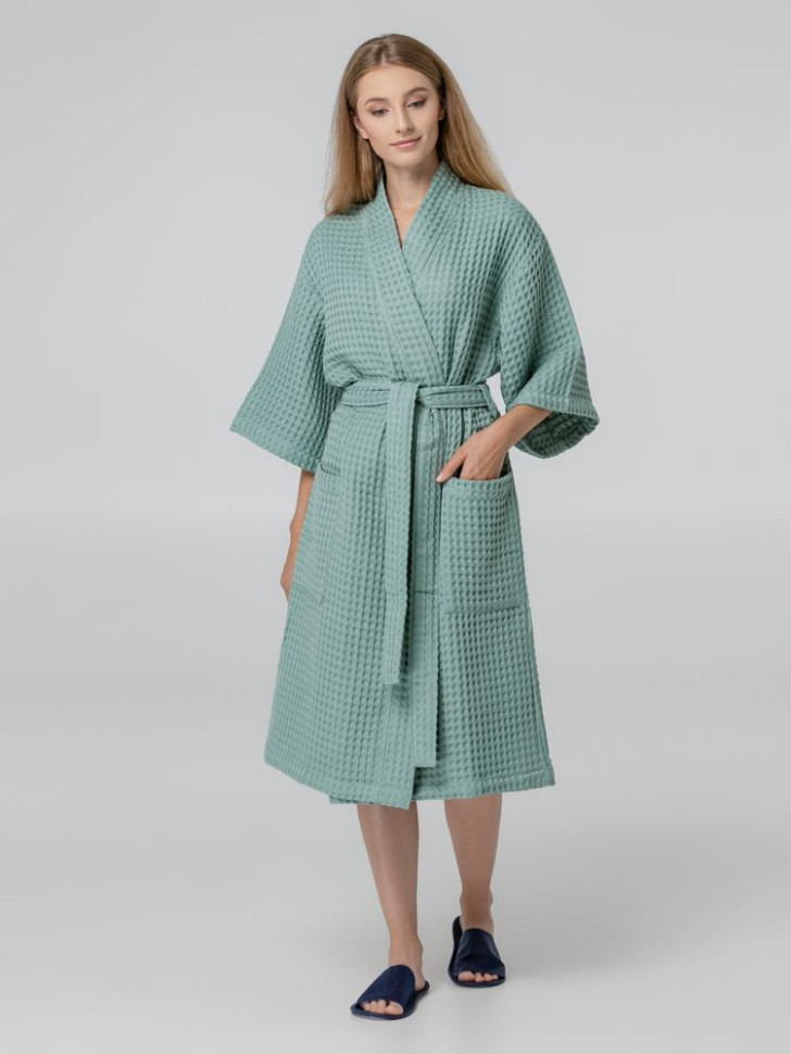 Халат вафельный женский Boho Kimono, зеленая мята