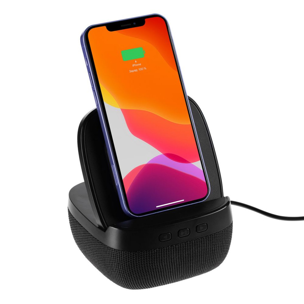 Колонка с беспроводной зарядкой Esca и подсветкой лого, черная