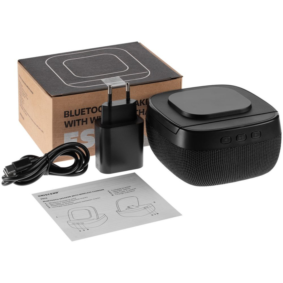 Колонка с беспроводной зарядкой Esca и подсветкой лого, черная